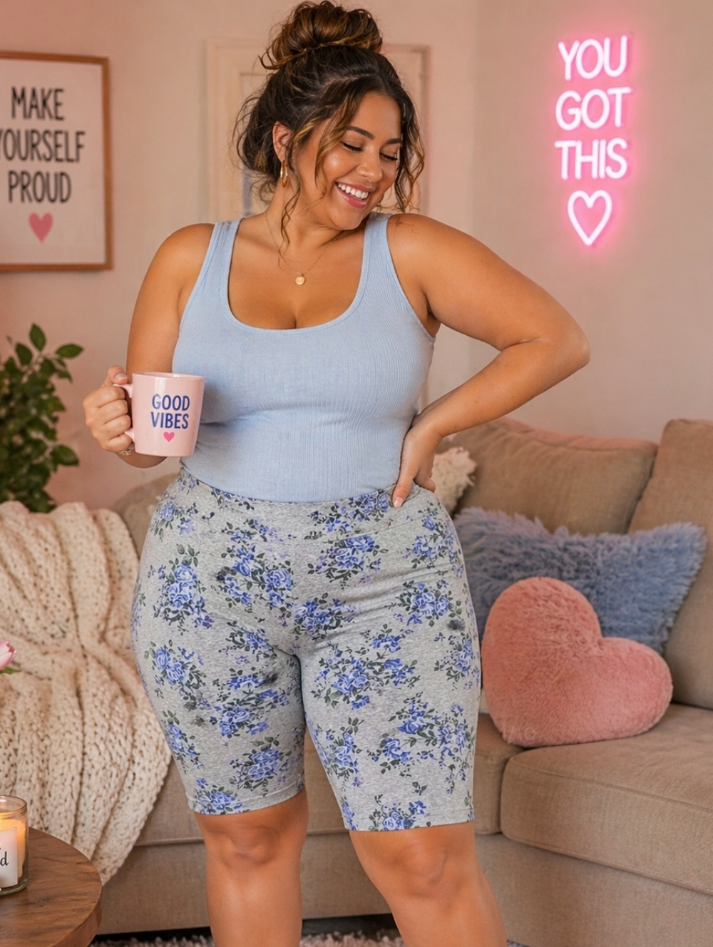 George Floral Biker Shorts Grey Blue Print Stretch Plus Size 3X